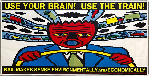 Artist: b'REDBACK GRAPHIX' | Title: b'Use your brain, Use the train (billboard).' | Date: 1990 | Technique: b'screenprint, printed in colour, from multiple stencils' | Copyright: b'\xc2\xa9 Michael Callaghan' Artist: b'REDBACK GRAPHIX' | Title: b'Use your brain, Use the train (billboard).' | Date: 1990 | Technique: b'screenprint, printed in colour, from multiple stencils' | Copyright: b'\xc2\xa9 Michael Callaghan'