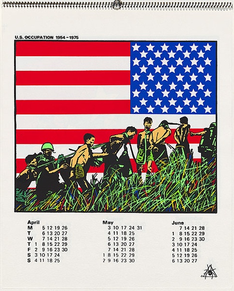 Artist: b'CALLAGHAN, Michael' | Title: b'Calendar: Australia Vietnam Society 1982 April - June' | Date: 1982 | Technique: b'screenprint, printed in colour, from seven stencils' Artist: b'CALLAGHAN, Michael' | Title: b'Calendar: Australia Vietnam Society 1982 April - June' | Date: 1982 | Technique: b'screenprint, printed in colour, from seven stencils'