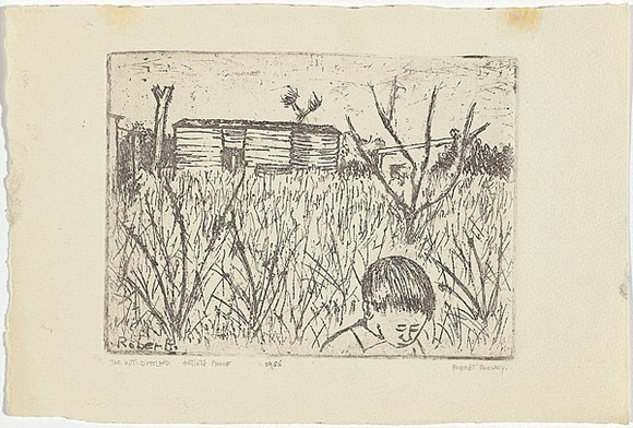 Artist: b'Rooney, Robert.' | Title: b'The hut, Gippsland' | Date: 1956 | Technique: b'soft-ground etching and aquatint, printed in warm black ink, from one plate' | Copyright: b'\xc2\xa9 the artist' Artist: b'Rooney, Robert.' | Title: b'The hut, Gippsland' | Date: 1956 | Technique: b'soft-ground etching and aquatint, printed in warm black ink, from one plate' | Copyright: b'\xc2\xa9 the artist'