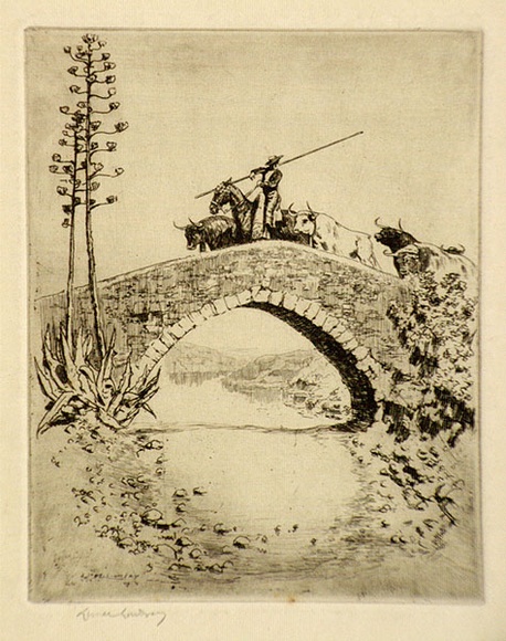 Artist: LINDSAY, Lionel | Title: Bulls on the bridge, Andalucia, Spain | Date: 1920 | Technique: etching, printed in black ink with plate-tone, from one plate | Copyright: Courtesy of the National Library of Australia