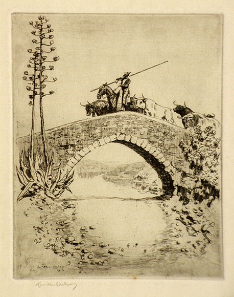 Artist: LINDSAY, Lionel | Title: Bulls on the bridge, Andalucia, Spain | Date: 1920 | Technique: etching, printed in black ink with plate-tone, from one plate | Copyright: Courtesy of the National Library of Australia Artist: LINDSAY, Lionel | Title: Bulls on the bridge, Andalucia, Spain | Date: 1920 | Technique: etching, printed in black ink with plate-tone, from one plate | Copyright: Courtesy of the National Library of Australia