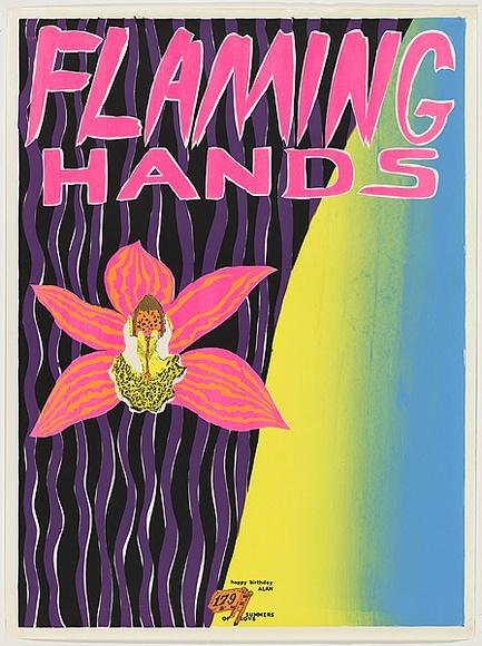 Artist: b'WORSTEAD, Paul' | Title: b'Flaming Hands - Summers of love.' | Date: 1981 | Technique: b'screenprint, printed in colour, from four stencils in pink, orange, green, purple and blue inks' | Copyright: b'This work appears on screen courtesy of the artist' Artist: b'WORSTEAD, Paul' | Title: b'Flaming Hands - Summers of love.' | Date: 1981 | Technique: b'screenprint, printed in colour, from four stencils in pink, orange, green, purple and blue inks' | Copyright: b'This work appears on screen courtesy of the artist'