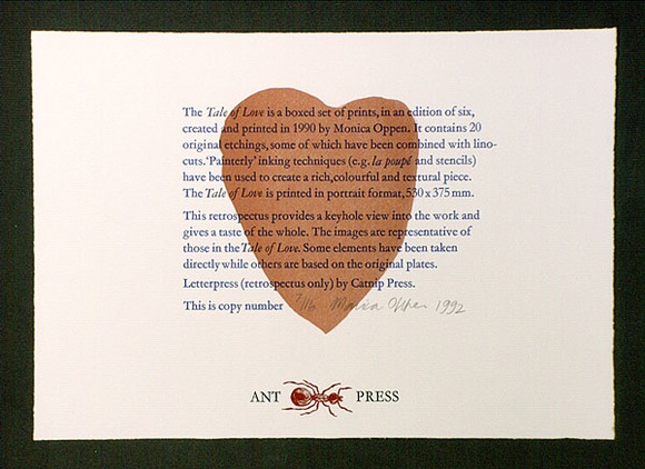Artist: b'OPPEN, Monica' | Title: b'Colophon.' | Date: 1992 | Technique: b'linocut, printed in orange ink, letterpress printed in colour' Artist: b'OPPEN, Monica' | Title: b'Colophon.' | Date: 1992 | Technique: b'linocut, printed in orange ink, letterpress printed in colour'