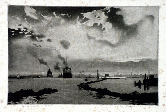 Artist: b'GOODCHILD, John' | Title: b'Yarra Mouth' | Date: 1936 | Technique: b'aquatint, printed in black ink, from one plate' Artist: b'GOODCHILD, John' | Title: b'Yarra Mouth' | Date: 1936 | Technique: b'aquatint, printed in black ink, from one plate'
