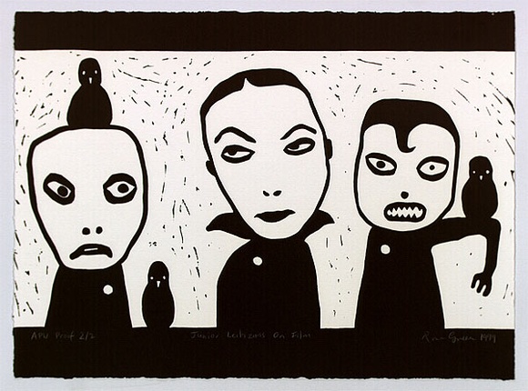 Artist: b'Green, Rona.' | Title: b'Junior leitizans on film' | Date: 1999, February | Technique: b'linocut, printed in black ink, from one block' Artist: b'Green, Rona.' | Title: b'Junior leitizans on film' | Date: 1999, February | Technique: b'linocut, printed in black ink, from one block'