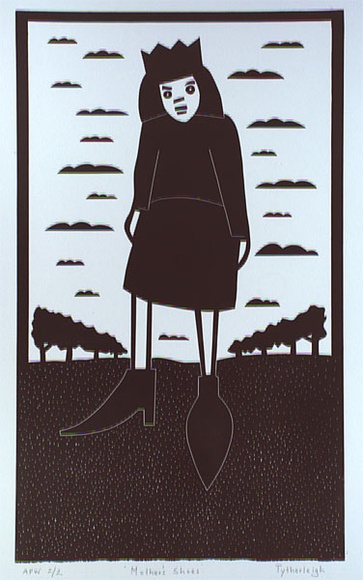 Artist: b'Tytherleigh, David.' | Title: bMother's shoes | Date: 2000, February | Technique: b'linocut, printed in black ink, from one block' Artist: b'Tytherleigh, David.' | Title: bMother's shoes | Date: 2000, February | Technique: b'linocut, printed in black ink, from one block'