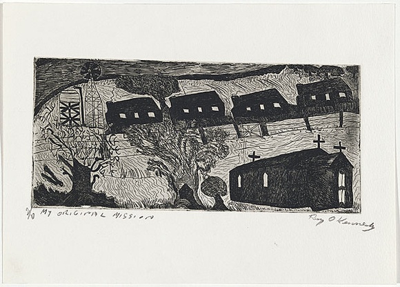 Artist: b'Kennedy, Roy.' | Title: b'My original mission' | Date: c.1999 | Technique: b'etching, printed in black ink, from one plate' Artist: b'Kennedy, Roy.' | Title: b'My original mission' | Date: c.1999 | Technique: b'etching, printed in black ink, from one plate'