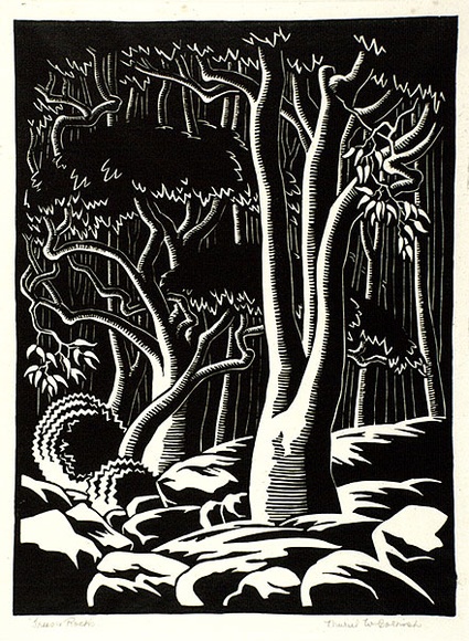 Artist: b'Cornish, Muriel.' | Title: b'Trees and rocks.' | Date: 1935 | Technique: b'linocut, printed in black ink, from one block' Artist: b'Cornish, Muriel.' | Title: b'Trees and rocks.' | Date: 1935 | Technique: b'linocut, printed in black ink, from one block'