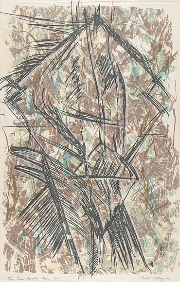 Artist: b'MEYER, Bill' | Title: b'Grass monolith green straw' | Date: 1987 | Technique: b'screenprint, printed in seven colours, from one direct emulsion reduction screen, two duotone screens and one hand drawn with charcoal on acetate for indirect photo screen' | Copyright: b'\xc2\xa9 Bill Meyer' Artist: b'MEYER, Bill' | Title: b'Grass monolith green straw' | Date: 1987 | Technique: b'screenprint, printed in seven colours, from one direct emulsion reduction screen, two duotone screens and one hand drawn with charcoal on acetate for indirect photo screen' | Copyright: b'\xc2\xa9 Bill Meyer'