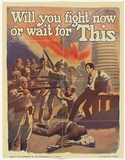 Artist: LINDSAY, Norman | Title: Will you fight now or wait for this | Date: 1918 | Technique: lithograph, printed in colour, from multiple stones
