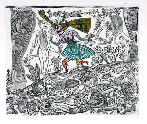Artist: b'HANRAHAN, Barbara' | Title: b'Run rabbit run' | Date: 1978 | Technique: b'etching, printed in green ink with plate-tone, from one plate, hand-coloured' Artist: b'HANRAHAN, Barbara' | Title: b'Run rabbit run' | Date: 1978 | Technique: b'etching, printed in green ink with plate-tone, from one plate, hand-coloured'