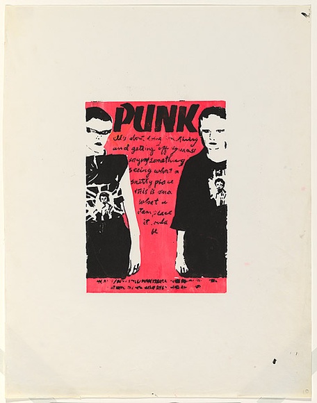 Artist: b'Johnson, Tim.' | Title: b'Punk' | Date: 1979 | Technique: b'screenprint, printed in colour, from multiple stencils' | Copyright: b'\xc2\xa9 Tim Johnson' Artist: b'Johnson, Tim.' | Title: b'Punk' | Date: 1979 | Technique: b'screenprint, printed in colour, from multiple stencils' | Copyright: b'\xc2\xa9 Tim Johnson'