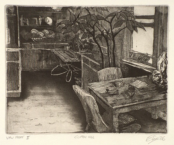 Artist: b'Dickson, Clive.' | Title: b'Clifton Hill' | Date: 1986 | Technique: b'etching and aquatint, printed in black ink, from one plate' Artist: b'Dickson, Clive.' | Title: b'Clifton Hill' | Date: 1986 | Technique: b'etching and aquatint, printed in black ink, from one plate'