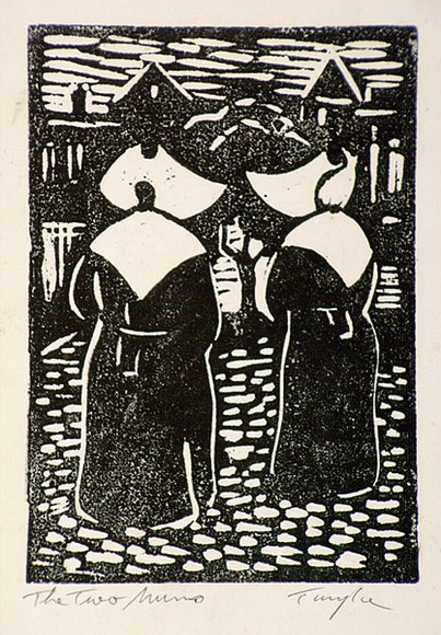 Artist: b'Taylor, John H.' | Title: b'The two nuns, Chartres' | Date: 1952 | Technique: b'linocut, printed in black ink, from one block' Artist: b'Taylor, John H.' | Title: b'The two nuns, Chartres' | Date: 1952 | Technique: b'linocut, printed in black ink, from one block'