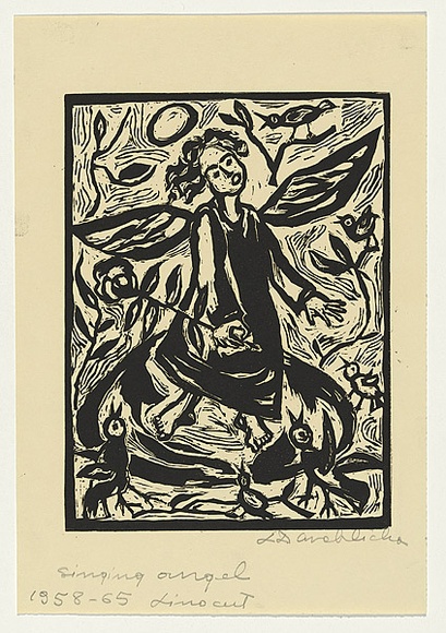Artist: b'Groblicka, Lidia.' | Title: b'Singing angel' | Date: 1958 | Technique: b'linocut, printed in black ink, from one block' Artist: b'Groblicka, Lidia.' | Title: b'Singing angel' | Date: 1958 | Technique: b'linocut, printed in black ink, from one block'