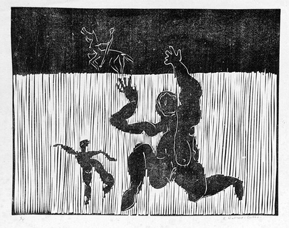 Artist: b'Wallace-Crabbe, Robin.' | Title: b'Woman with demon lover' | Date: 1965 | Technique: b'linocut, printed in black ink, from one block' | Copyright: b'\xc2\xa9 Robin Wallace-Crabbe, Licensed by VISCOPY, Australia' Artist: b'Wallace-Crabbe, Robin.' | Title: b'Woman with demon lover' | Date: 1965 | Technique: b'linocut, printed in black ink, from one block' | Copyright: b'\xc2\xa9 Robin Wallace-Crabbe, Licensed by VISCOPY, Australia'