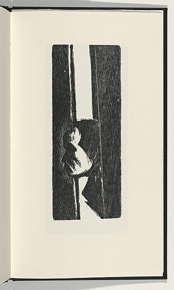 Artist: b'AMOR, Rick' | Title: b'Not titled (face peering through doorway with text verso).' | Date: 1990 | Technique: b'woodcut, printed in black ink, from one block' Artist: b'AMOR, Rick' | Title: b'Not titled (face peering through doorway with text verso).' | Date: 1990 | Technique: b'woodcut, printed in black ink, from one block'