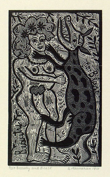 Artist: b'HANRAHAN, Barbara' | Title: b'Beauty and beast' | Date: 1977 | Technique: b'wood-engraving, printed in black ink, from one block' Artist: b'HANRAHAN, Barbara' | Title: b'Beauty and beast' | Date: 1977 | Technique: b'wood-engraving, printed in black ink, from one block'