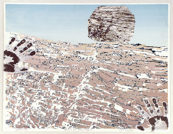 Artist: b'WICKS, Arthur' | Title: b'Collecting a stone, Alchemists Ridge' | Date: 1983 | Technique: b'photo-screenprint, printed in black ink, from one stencil' Artist: b'WICKS, Arthur' | Title: b'Collecting a stone, Alchemists Ridge' | Date: 1983 | Technique: b'photo-screenprint, printed in black ink, from one stencil'