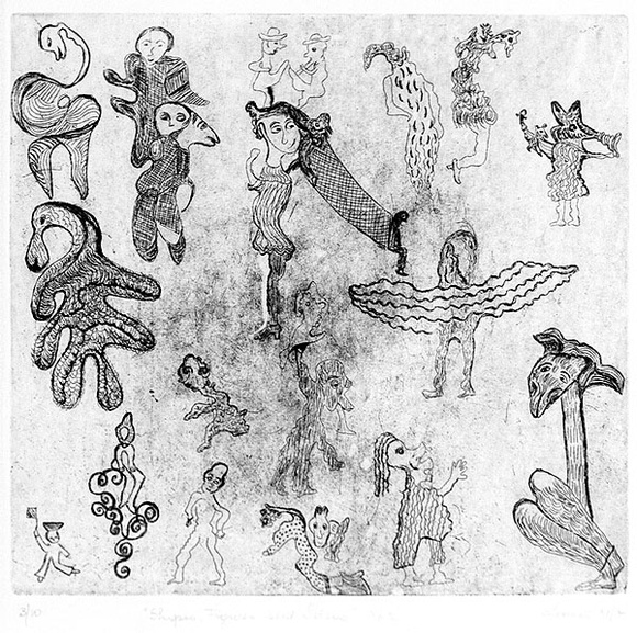 Artist: b'Shearer, Mitzi.' | Title: b'Shapes, figures and ideas 2' | Date: 1981 | Technique: b'etching, printed in black, with plate-tone, from one plate' Artist: b'Shearer, Mitzi.' | Title: b'Shapes, figures and ideas 2' | Date: 1981 | Technique: b'etching, printed in black, with plate-tone, from one plate'