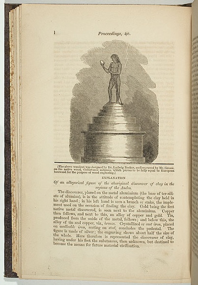 Title: b'Allegorical figure of the Aboriginal discoverer of clay in the regions of the Andes.' | Date: 1859 | Technique: b'wood engraving, printed in black ink, from one block' Title: b'Allegorical figure of the Aboriginal discoverer of clay in the regions of the Andes.' | Date: 1859 | Technique: b'wood engraving, printed in black ink, from one block'