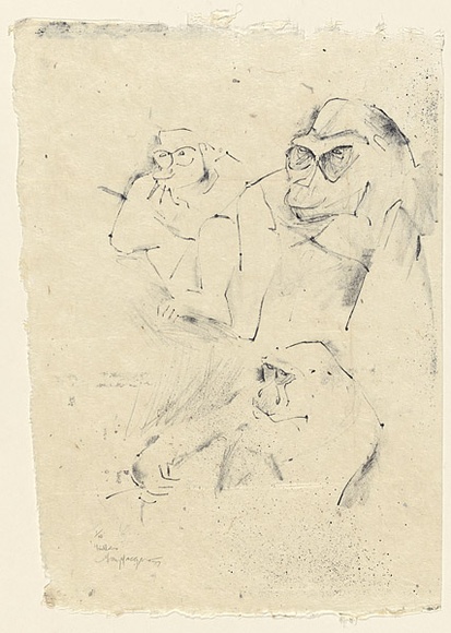 Artist: b'MACQUEEN, Mary' | Title: b'Gorillas' | Date: 1977 | Technique: b'transfer lithograph, printed in black ink, from one plate' | Copyright: b'Courtesy Paulette Calhoun, for the estate of Mary Macqueen' Artist: b'MACQUEEN, Mary' | Title: b'Gorillas' | Date: 1977 | Technique: b'transfer lithograph, printed in black ink, from one plate' | Copyright: b'Courtesy Paulette Calhoun, for the estate of Mary Macqueen'
