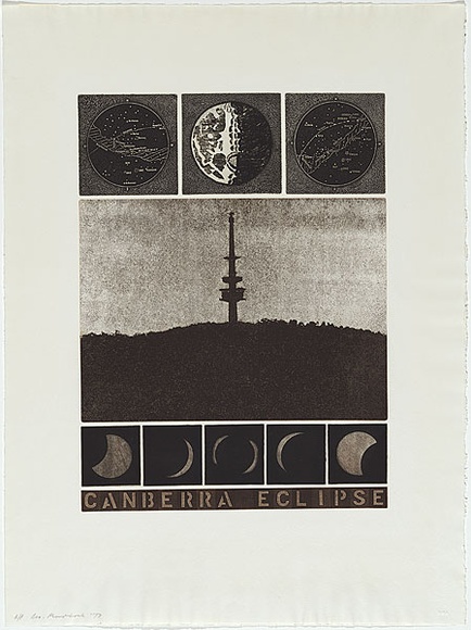 Artist: b'MADDOCK, Bea' | Title: b'Canberra eclipse' | Date: 1977, December | Technique: b'photo-etching, etching and aquatint, printed in black and brown ink, from 10 plates' Artist: b'MADDOCK, Bea' | Title: b'Canberra eclipse' | Date: 1977, December | Technique: b'photo-etching, etching and aquatint, printed in black and brown ink, from 10 plates'
