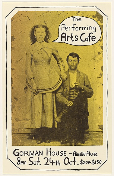 Artist: b'Skeetes, Mikal.' | Title: b'The Performing Arts Cafe' | Date: 1980 | Technique: b'screenprint, printed in colour, from two stencils' Artist: b'Skeetes, Mikal.' | Title: b'The Performing Arts Cafe' | Date: 1980 | Technique: b'screenprint, printed in colour, from two stencils'