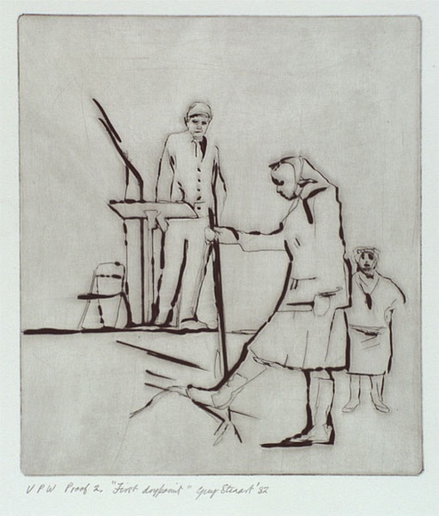 Artist: b'STUART, Guy' | Title: b'First drypoint' | Date: 1982 | Technique: b'drypoint, printed in black ink with plate-tone, from one plate' | Copyright: b'\xc2\xa9 Guy Stuart' Artist: b'STUART, Guy' | Title: b'First drypoint' | Date: 1982 | Technique: b'drypoint, printed in black ink with plate-tone, from one plate' | Copyright: b'\xc2\xa9 Guy Stuart'