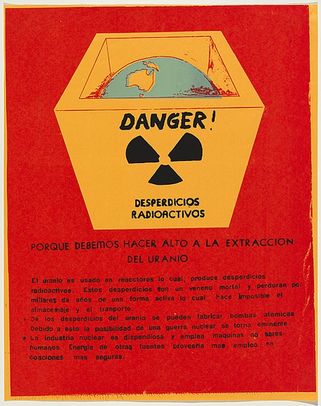 Artist: b'Lightbody, Graham.' | Title: b'Danger! Desperdicious Radioactivos.' | Date: 1978 | Technique: b'screenprint, printed in colour, from three stencils' | Copyright: b'Courtesy Graham Lightbody' Artist: b'Lightbody, Graham.' | Title: b'Danger! Desperdicious Radioactivos.' | Date: 1978 | Technique: b'screenprint, printed in colour, from three stencils' | Copyright: b'Courtesy Graham Lightbody'