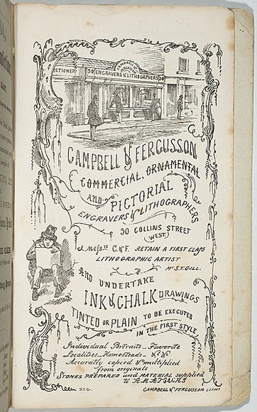 Artist: b'GILL, S.T.' | Title: b'[advertisment for] Campbell & Fergusson, commercial, ornamental and pictoral engravers and lithographers.' | Date: 1855 | Technique: b'lithograph, printed in black ink, from one stone'
