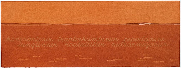 Artist: b'MADDOCK, Bea' | Title: b'Terra Spiritus...with a darker shade of pale' | Date: 1993-98 | Technique: b'stencil print, printed in hand-ground Launceston ochre from multiple hand-cut mylar stencils; letterpress text blind printed; hand-drawn script' Artist: b'MADDOCK, Bea' | Title: b'Terra Spiritus...with a darker shade of pale' | Date: 1993-98 | Technique: b'stencil print, printed in hand-ground Launceston ochre from multiple hand-cut mylar stencils; letterpress text blind printed; hand-drawn script'