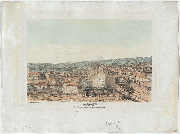 Artist: b'Austin, John Baptist.' | Title: b'Adelaide, South Australia from the west end of Hindley Street - November 1849.' | Date: 1849 | Technique: b'lithograph, printed in black ink, from one plate; hand-coloured' Artist: b'Austin, John Baptist.' | Title: b'Adelaide, South Australia from the west end of Hindley Street - November 1849.' | Date: 1849 | Technique: b'lithograph, printed in black ink, from one plate; hand-coloured'