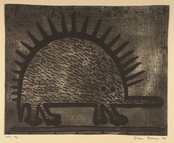Artist: b'Bowen, Dean.' | Title: b'(Hedgehog)' | Date: 1992 | Technique: b'etching, printed in ochre and black ink, from two plates' Artist: b'Bowen, Dean.' | Title: b'(Hedgehog)' | Date: 1992 | Technique: b'etching, printed in ochre and black ink, from two plates'