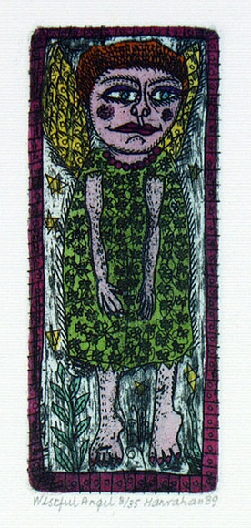 Artist: b'HANRAHAN, Barbara' | Title: b'Wistful angel' | Date: 1989 | Technique: b'etching, printed in green ink, from one plate, hand-coloured' Artist: b'HANRAHAN, Barbara' | Title: b'Wistful angel' | Date: 1989 | Technique: b'etching, printed in green ink, from one plate, hand-coloured'