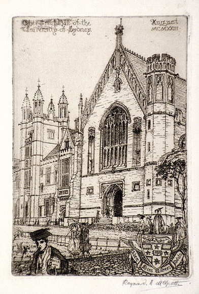Artist: b'McGrath, Raymond.' | Title: b'The Great Hall of the University of Sydney' | Date: 1923, August | Technique: b'etching, printed in black ink, from one plate' Artist: b'McGrath, Raymond.' | Title: b'The Great Hall of the University of Sydney' | Date: 1923, August | Technique: b'etching, printed in black ink, from one plate'