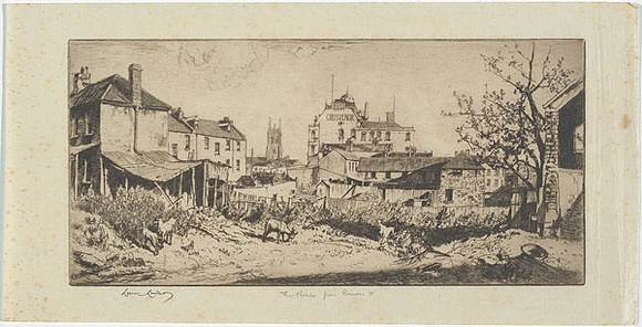 Artist: b'LINDSAY, Lionel' | Title: b'The Rocks, from Princes Street' | Date: 1931 | Technique: b'etching, printed in brown ink with plate-tone, from one plate' | Copyright: b'Courtesy of the National Library of Australia' Artist: b'LINDSAY, Lionel' | Title: b'The Rocks, from Princes Street' | Date: 1931 | Technique: b'etching, printed in brown ink with plate-tone, from one plate' | Copyright: b'Courtesy of the National Library of Australia'