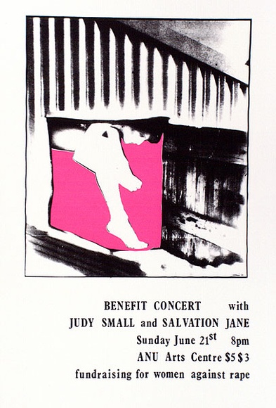 Artist: b'Alder, Alison.' | Title: b'Benefit concert with Judy Small and Salvation Jane ... ANU Arts Centre.' | Date: 1981 | Technique: b'screenprint, printed in colour, from two stencils' Artist: b'Alder, Alison.' | Title: b'Benefit concert with Judy Small and Salvation Jane ... ANU Arts Centre.' | Date: 1981 | Technique: b'screenprint, printed in colour, from two stencils'