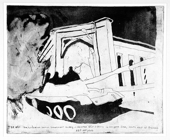 Artist: bL'Estrange, Sally. | Title: b'Iraqi tank passes an Iranian Government building in deserted Qasr-I-Shirin' | Date: 1981 | Technique: b'etching, aquatint and flat bite, printed in black ink, from one plate' Artist: bL'Estrange, Sally. | Title: b'Iraqi tank passes an Iranian Government building in deserted Qasr-I-Shirin' | Date: 1981 | Technique: b'etching, aquatint and flat bite, printed in black ink, from one plate'