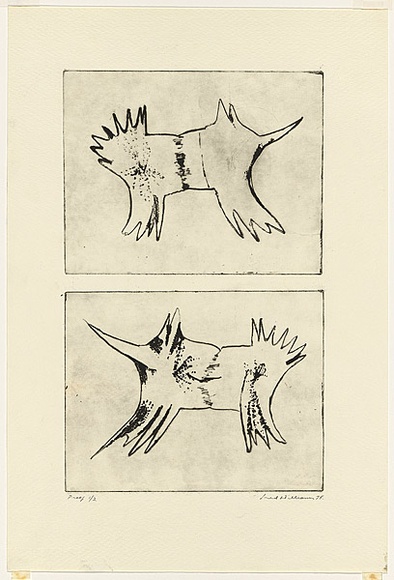 Artist: b'WILLIAMS, Fred' | Title: b'Front and back turtle shell' | Date: 1974 | Technique: b'electric hand engraving and flat biting, printed in black ink, from two copper plates' | Copyright: b'\xc2\xa9 Fred Williams Estate' Artist: b'WILLIAMS, Fred' | Title: b'Front and back turtle shell' | Date: 1974 | Technique: b'electric hand engraving and flat biting, printed in black ink, from two copper plates' | Copyright: b'\xc2\xa9 Fred Williams Estate'