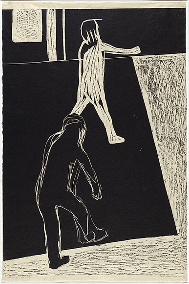 Artist: b'MADDOCK, Bea' | Title: b'Crossing the square.' | Date: August 1965 | Technique: b'woodcut, printed in black ink by hand-burnishing, from one composition board (masonite) block' Artist: b'MADDOCK, Bea' | Title: b'Crossing the square.' | Date: August 1965 | Technique: b'woodcut, printed in black ink by hand-burnishing, from one composition board (masonite) block'