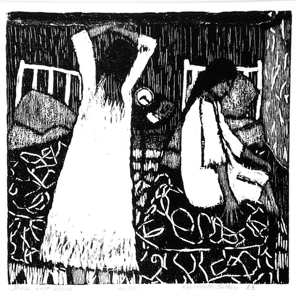 Artist: b'Tilley, Gwyneth.' | Title: b'Rise and shine' | Date: 1983 | Technique: b'woodcut, printed in black ink, from one block' Artist: b'Tilley, Gwyneth.' | Title: b'Rise and shine' | Date: 1983 | Technique: b'woodcut, printed in black ink, from one block'