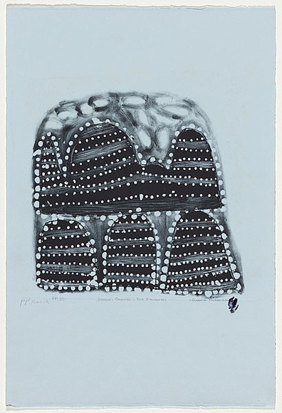 Artist: b'McKenzie, Queenie' | Title: b'Joodal country - tick dreaming' | Date: 1995 | Technique: b'lithograph, printed in dark blue ink, from one stone' Artist: b'McKenzie, Queenie' | Title: b'Joodal country - tick dreaming' | Date: 1995 | Technique: b'lithograph, printed in dark blue ink, from one stone'