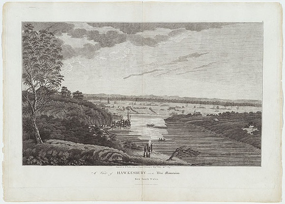 Title: b'A view of Hawkesbury and the Blue Mountains. New South Wales.' | Date: 1817-1819 | Technique: b'engraving, printed in black ink, from one copper plate' Title: b'A view of Hawkesbury and the Blue Mountains. New South Wales.' | Date: 1817-1819 | Technique: b'engraving, printed in black ink, from one copper plate'