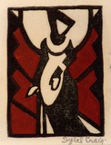 Artist: Craig, Sybil. | Title: Woman in medieval dress. | Date: c.1935 | Technique: linocut, printed in black ink, from one block; hand-coloured