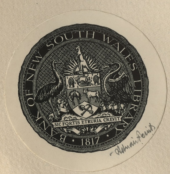 Artist: b'FEINT, Adrian' | Title: b'Bookplate: Bank of New South Wales Library, 1817.' | Date: (1936) | Technique: b'process block, printed in black ink, from one block' | Copyright: b'Courtesy the Estate of Adrian Feint' Artist: b'FEINT, Adrian' | Title: b'Bookplate: Bank of New South Wales Library, 1817.' | Date: (1936) | Technique: b'process block, printed in black ink, from one block' | Copyright: b'Courtesy the Estate of Adrian Feint'