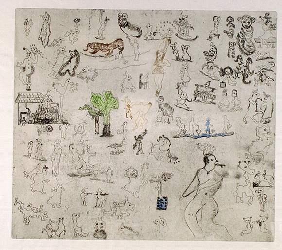 Artist: b'Shearer, Mitzi.' | Title: b'Bulliwutzies I' | Date: 1980 | Technique: b'etching, printed in black ink, from one plate, hand-coloured' Artist: b'Shearer, Mitzi.' | Title: b'Bulliwutzies I' | Date: 1980 | Technique: b'etching, printed in black ink, from one plate, hand-coloured'