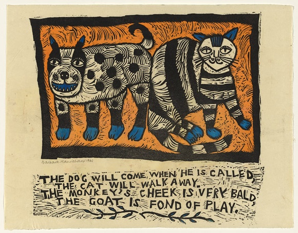 Artist: b'HANRAHAN, Barbara' | Title: b'The dog will come when he is called' | Date: 1962 | Technique: b'linocut, printed in colour, from four blocks' Artist: b'HANRAHAN, Barbara' | Title: b'The dog will come when he is called' | Date: 1962 | Technique: b'linocut, printed in colour, from four blocks'