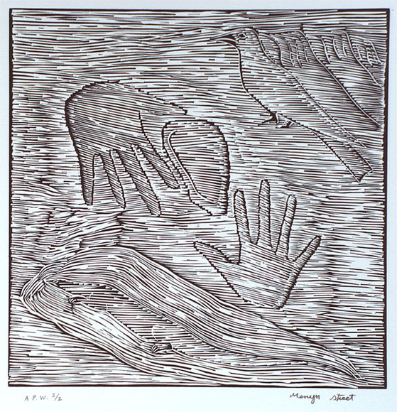 Artist: b'STREET, Mervyn' | Title: b'Two hands with bird' | Date: 1999, September | Technique: b'linocut, printed in black ink, from one block' Artist: b'STREET, Mervyn' | Title: b'Two hands with bird' | Date: 1999, September | Technique: b'linocut, printed in black ink, from one block'