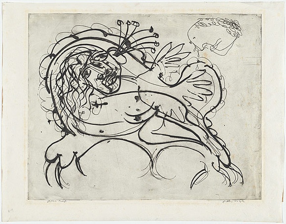 Artist: b'BOYD, Arthur' | Title: b'Figure on a couch with bouquet in ear.' | Date: (1968-69) | Technique: b'etching, printed in black ink, from one plate' | Copyright: b'Reproduced with permission of Bundanon Trust' Artist: b'BOYD, Arthur' | Title: b'Figure on a couch with bouquet in ear.' | Date: (1968-69) | Technique: b'etching, printed in black ink, from one plate' | Copyright: b'Reproduced with permission of Bundanon Trust'